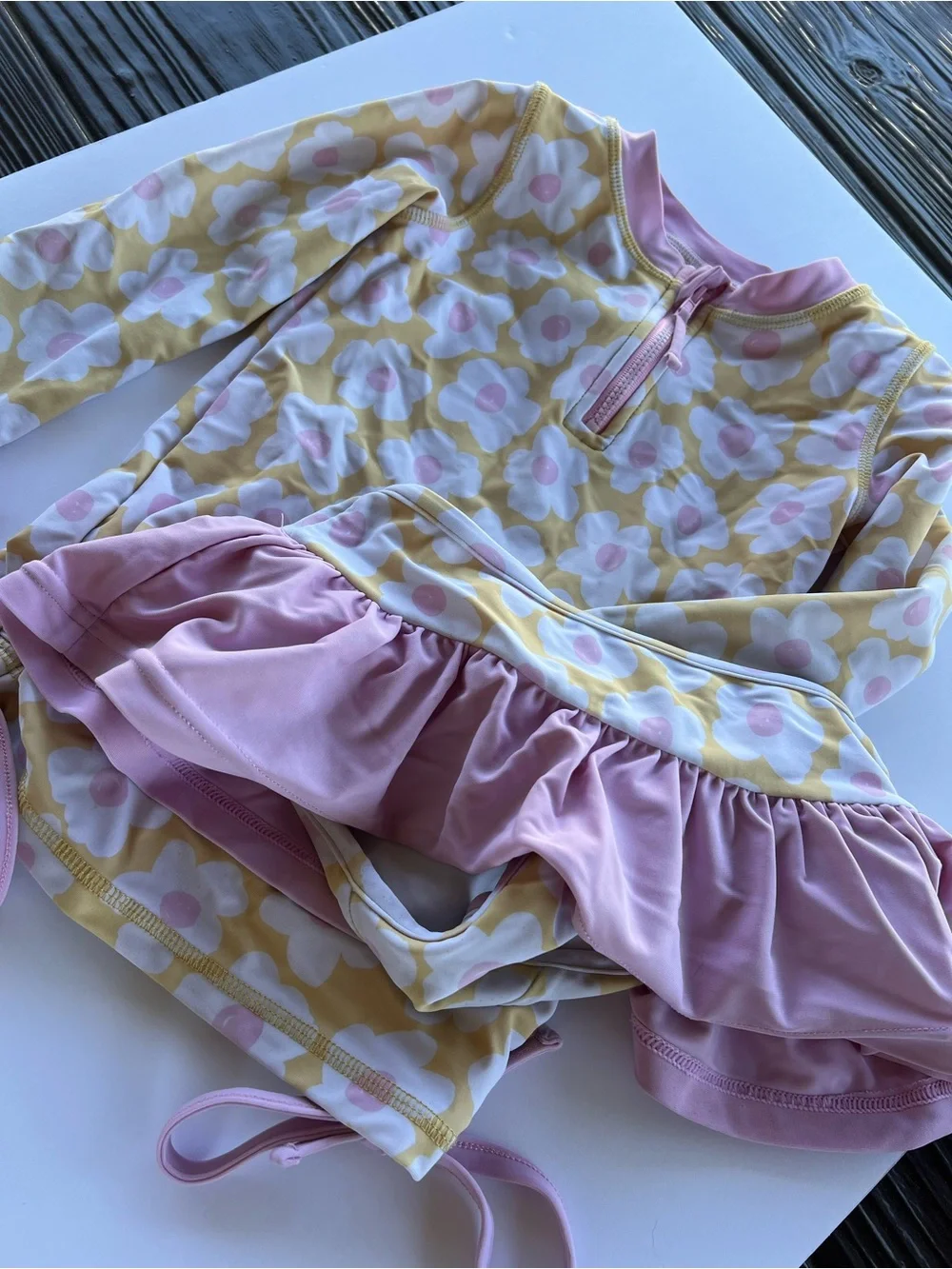Caden Lane Daisy Floral Rash Guard Swimsuit Set Girls 4T Pink Yellow Ruffle UPF